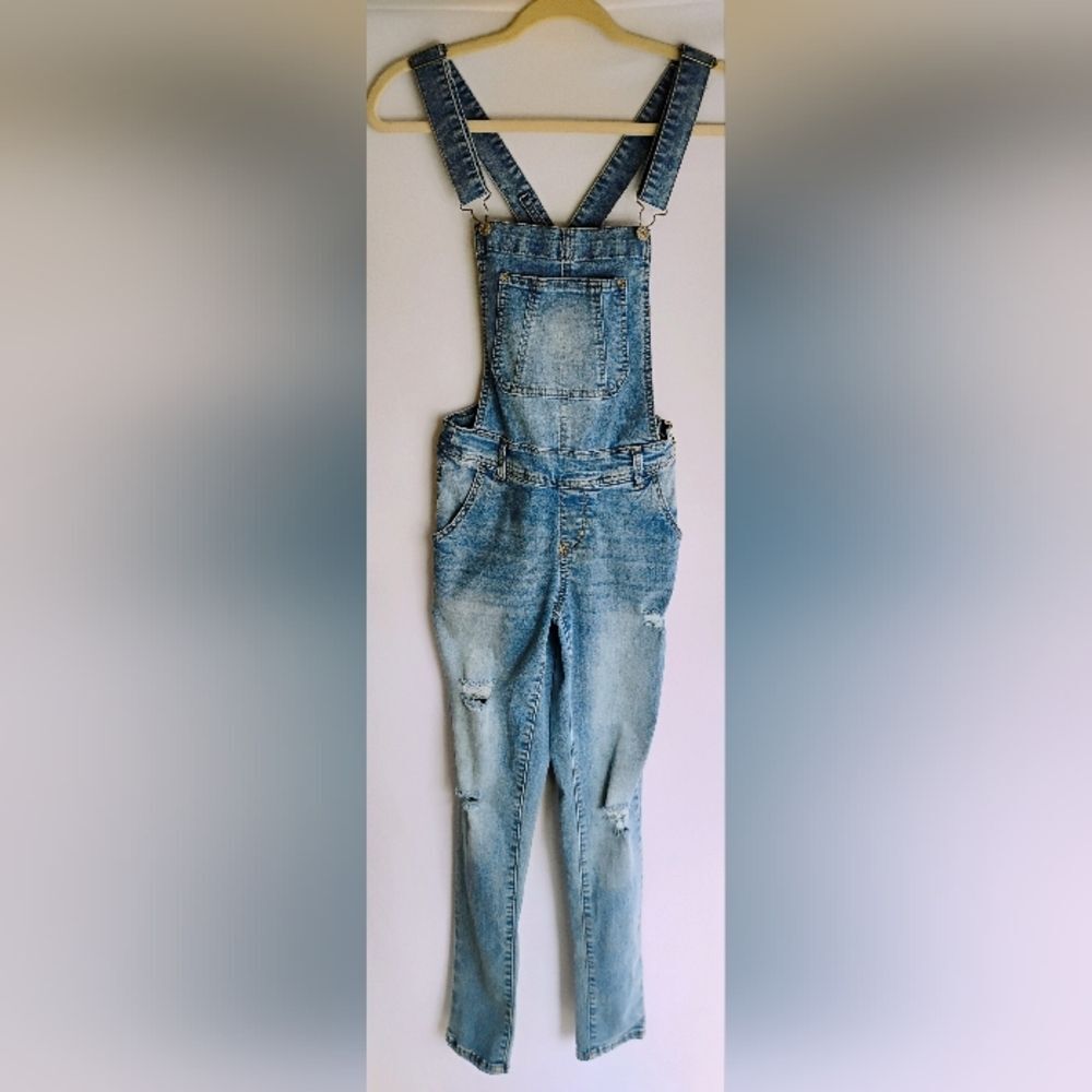 Wallflower Distressed Romper Bibs Women's XS Blue Denim Overalls Jean S-3